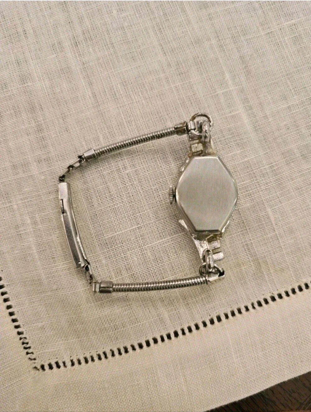 Vintage 40s Cort Art Deco Watch Rhinestone Silver Metal Band Mechanical Mvt Runs